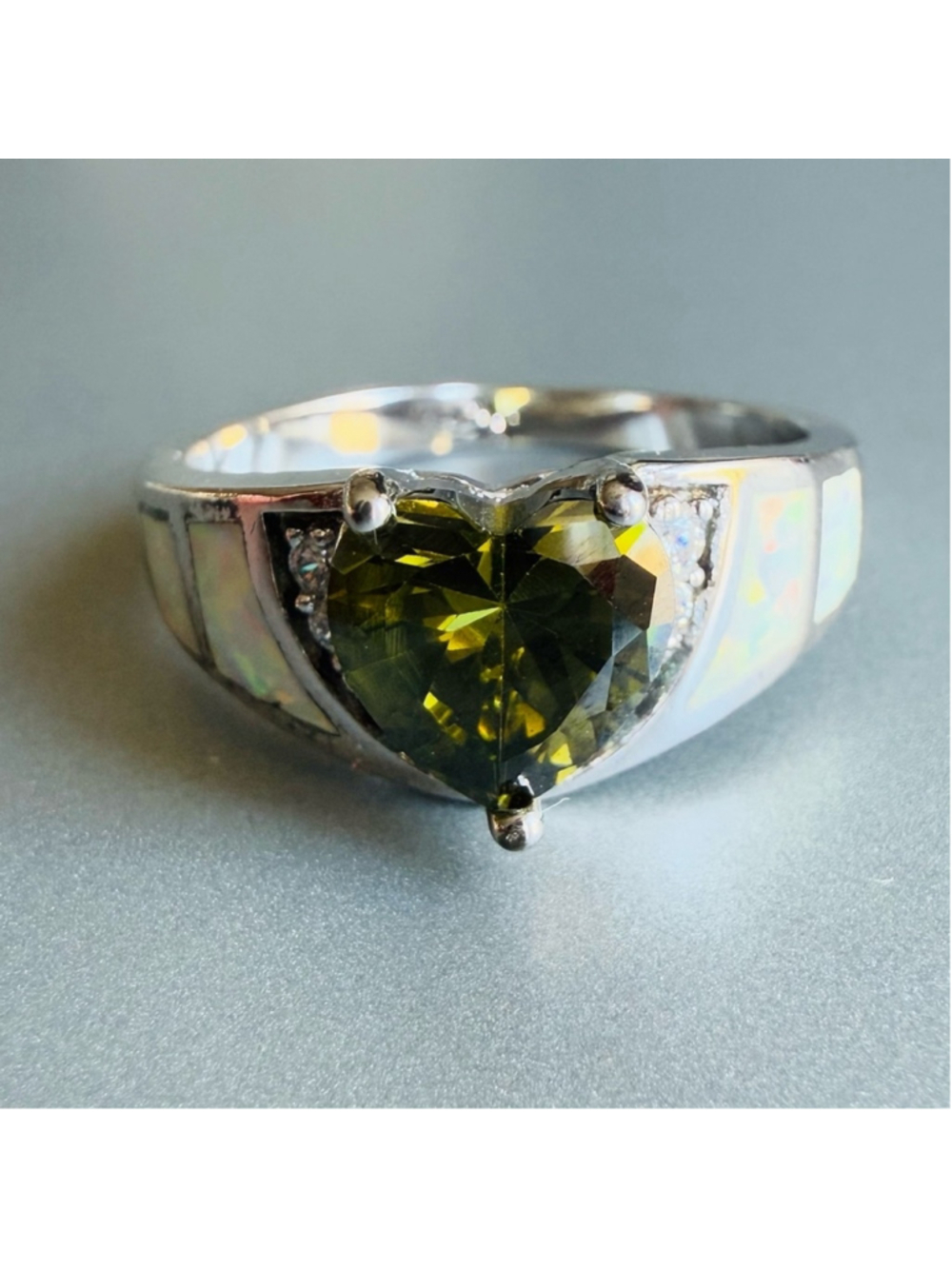 Peridot Olive Green Heart Shape, White Round CZ, Opal Inlay Sterling Sil…